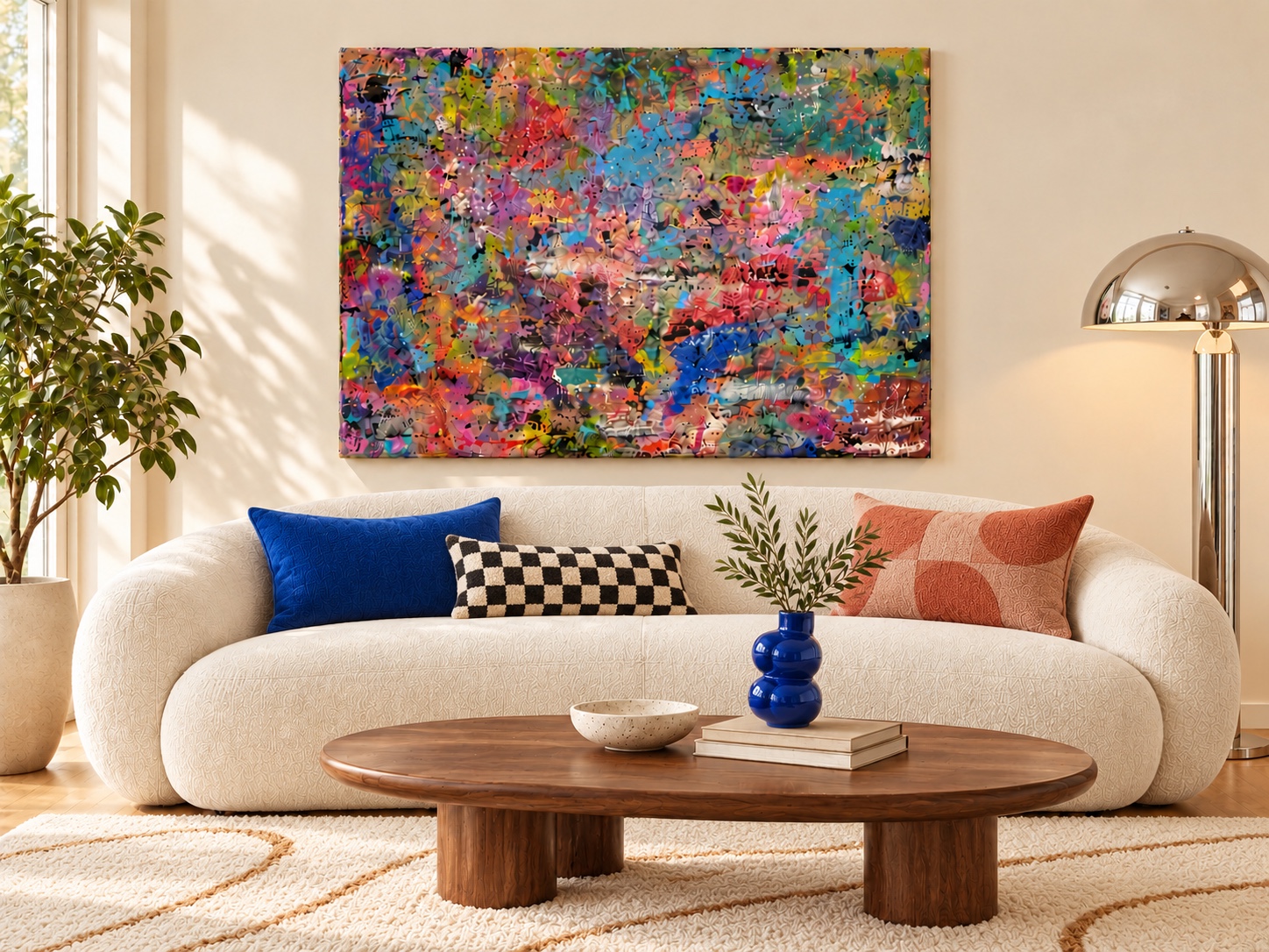 Large multicolored abstract painting shown above a curved cream sofa