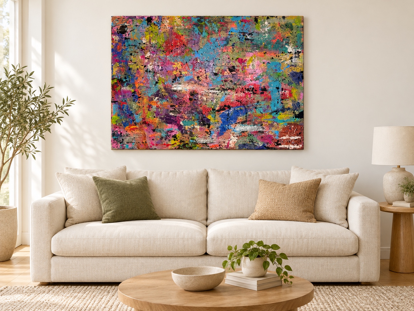 Large multicolored abstract painting shown above a cream sofa