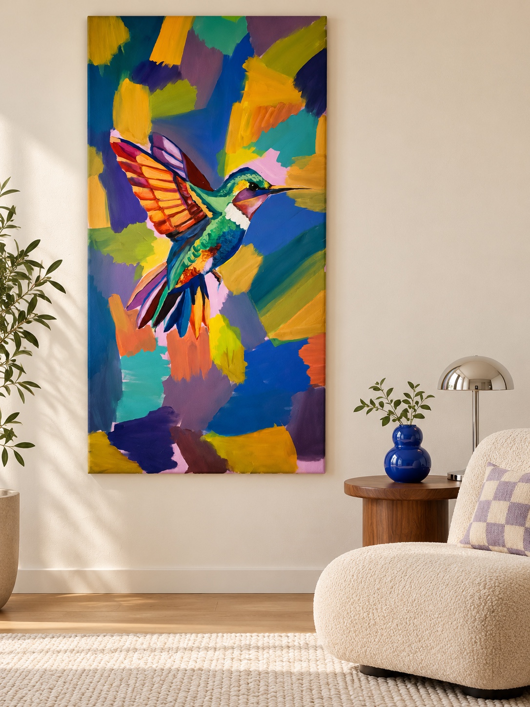 Colorful hummingbird painting displayed in a living room