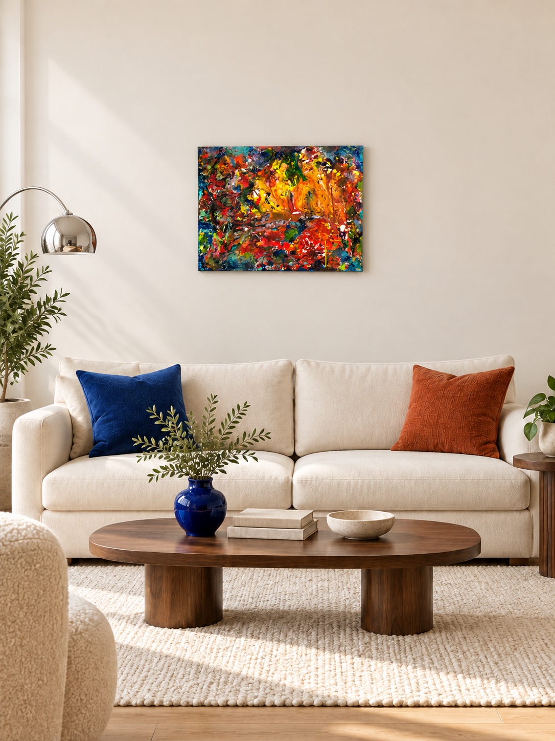 Orange and multicolored abstract painting shown above a cream sofa