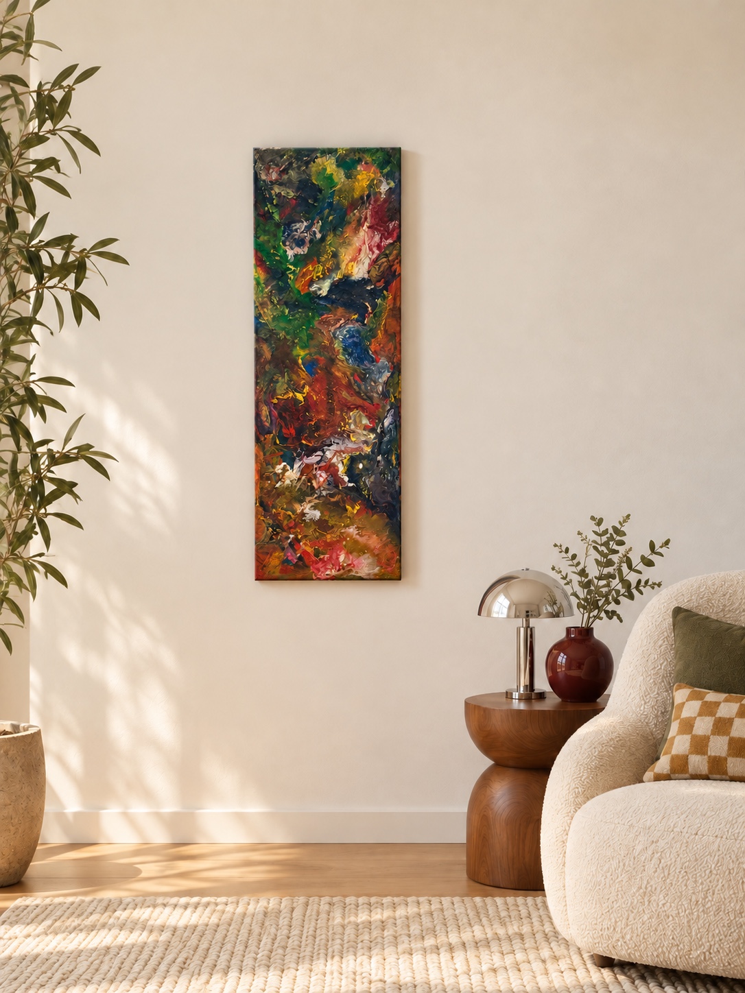 Tall narrow multicolored abstract painting displayed in a living room