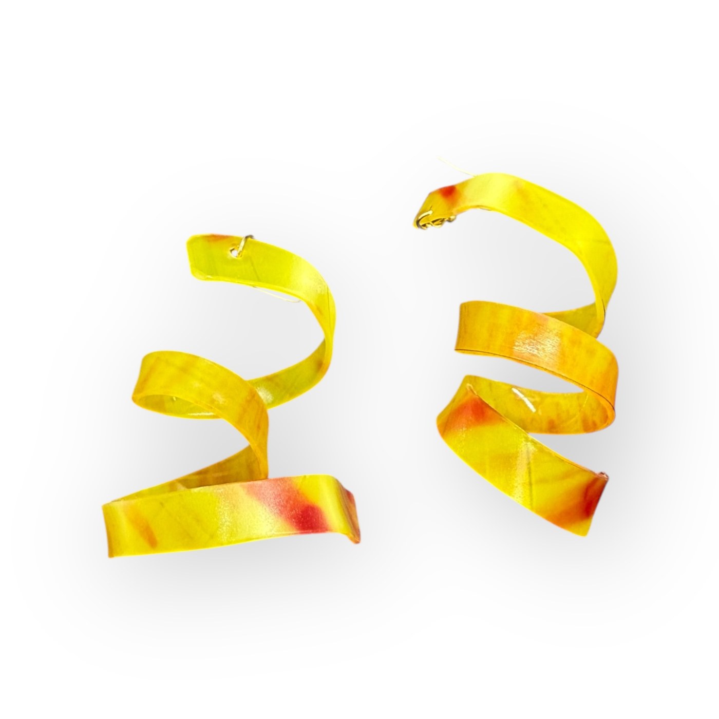 Yellow spiral vinyl earrings with orange accents