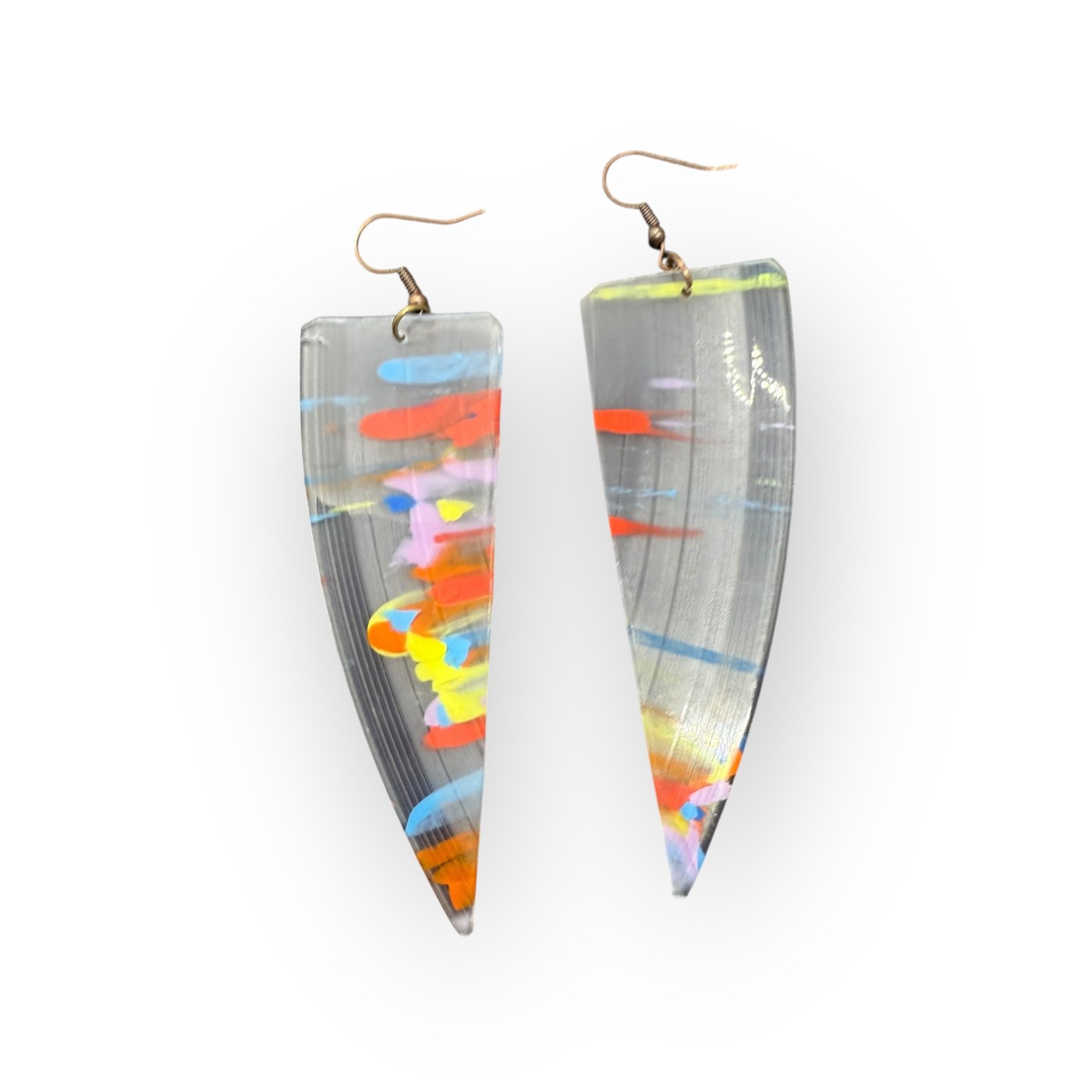 Long pointed vinyl earrings with multicolored painted marks