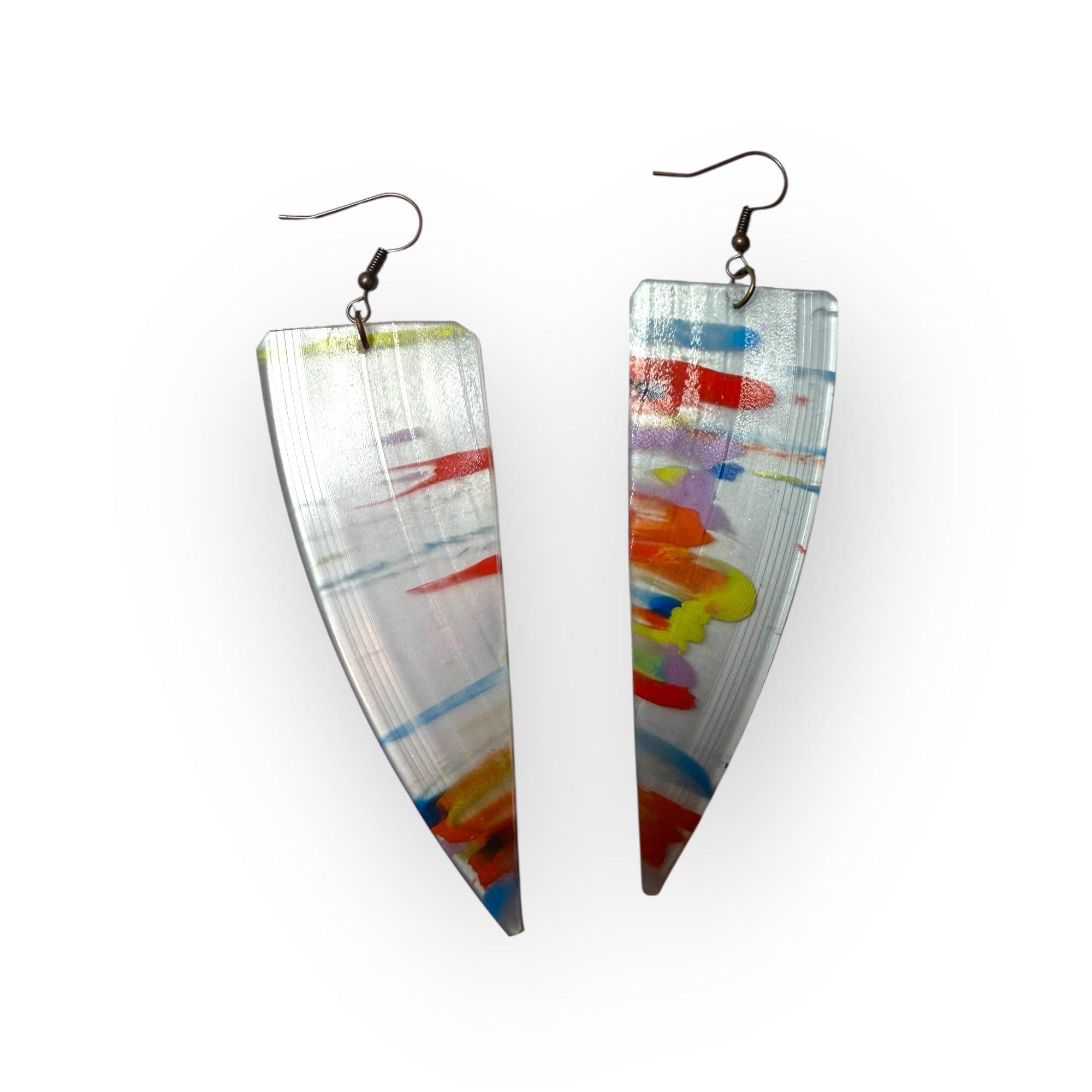 Hand-cut pointed vinyl record earrings with colorful painted details