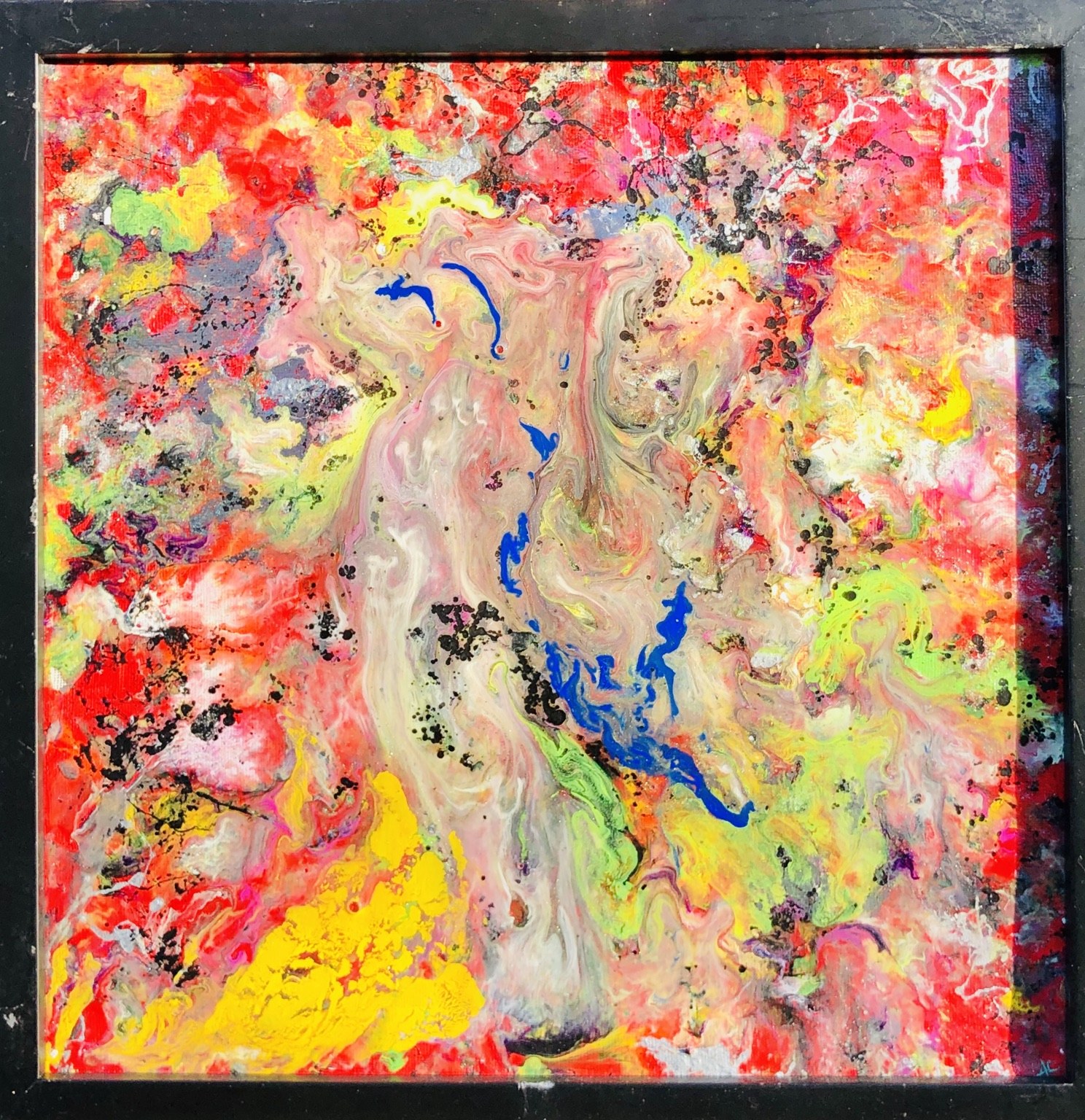 Bright abstract painting with yellow, pink, orange, and blue